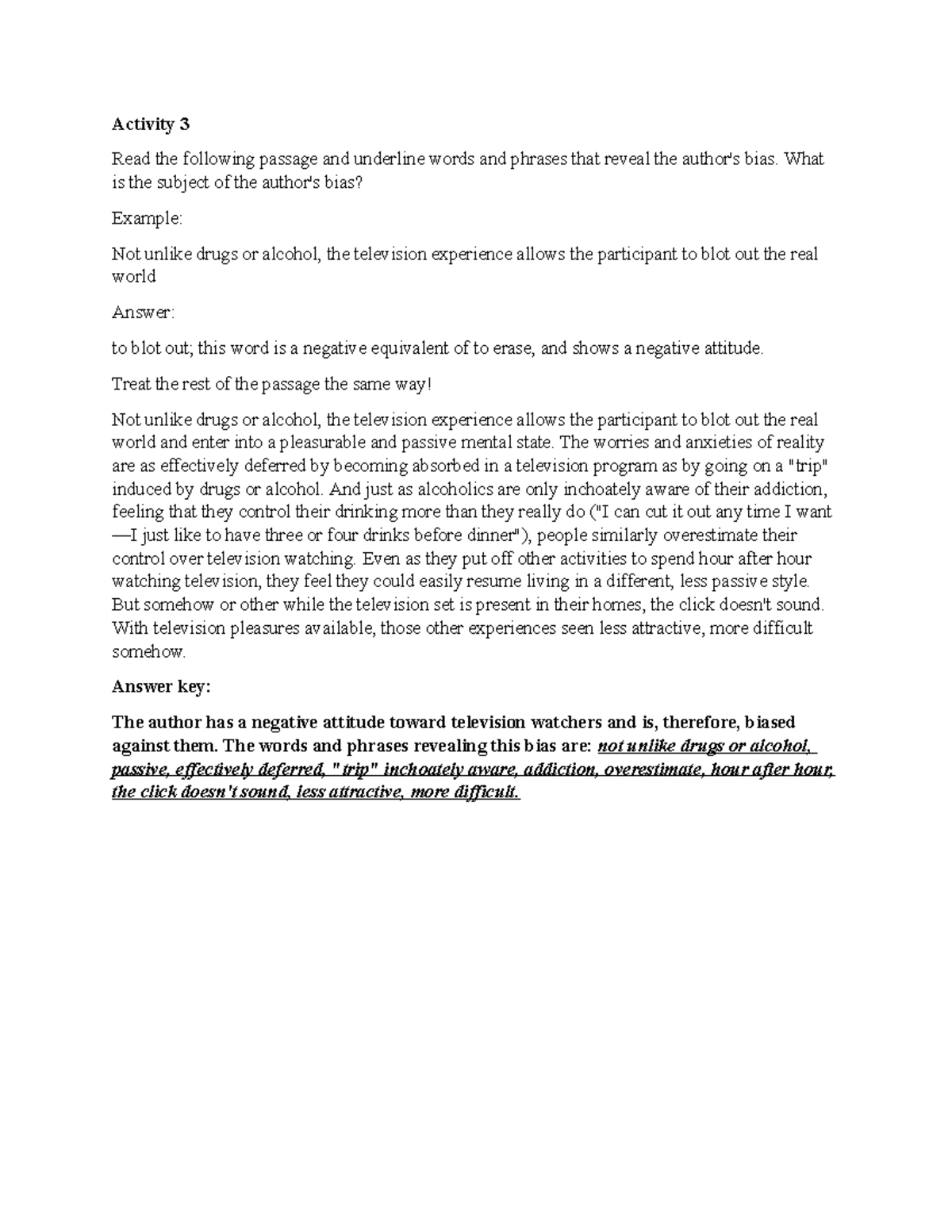 AR Unit 6 Bias Activity 3 Activity 3 Read the following passage and