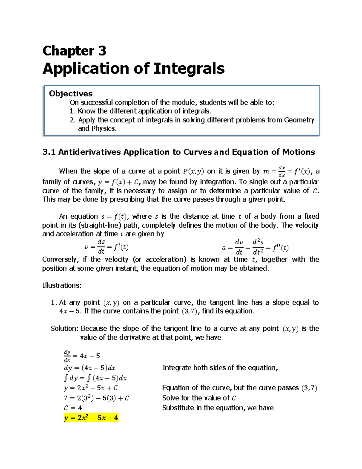 Chapter 3. Application of Integrals - To single out a particular curve ...