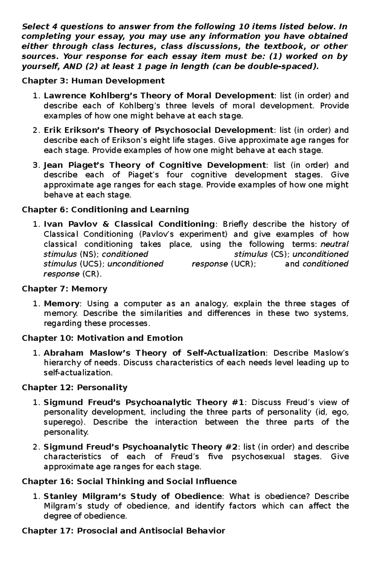 Lawrence Kohlberg’s Theory of Moral Development Select 4 questions to