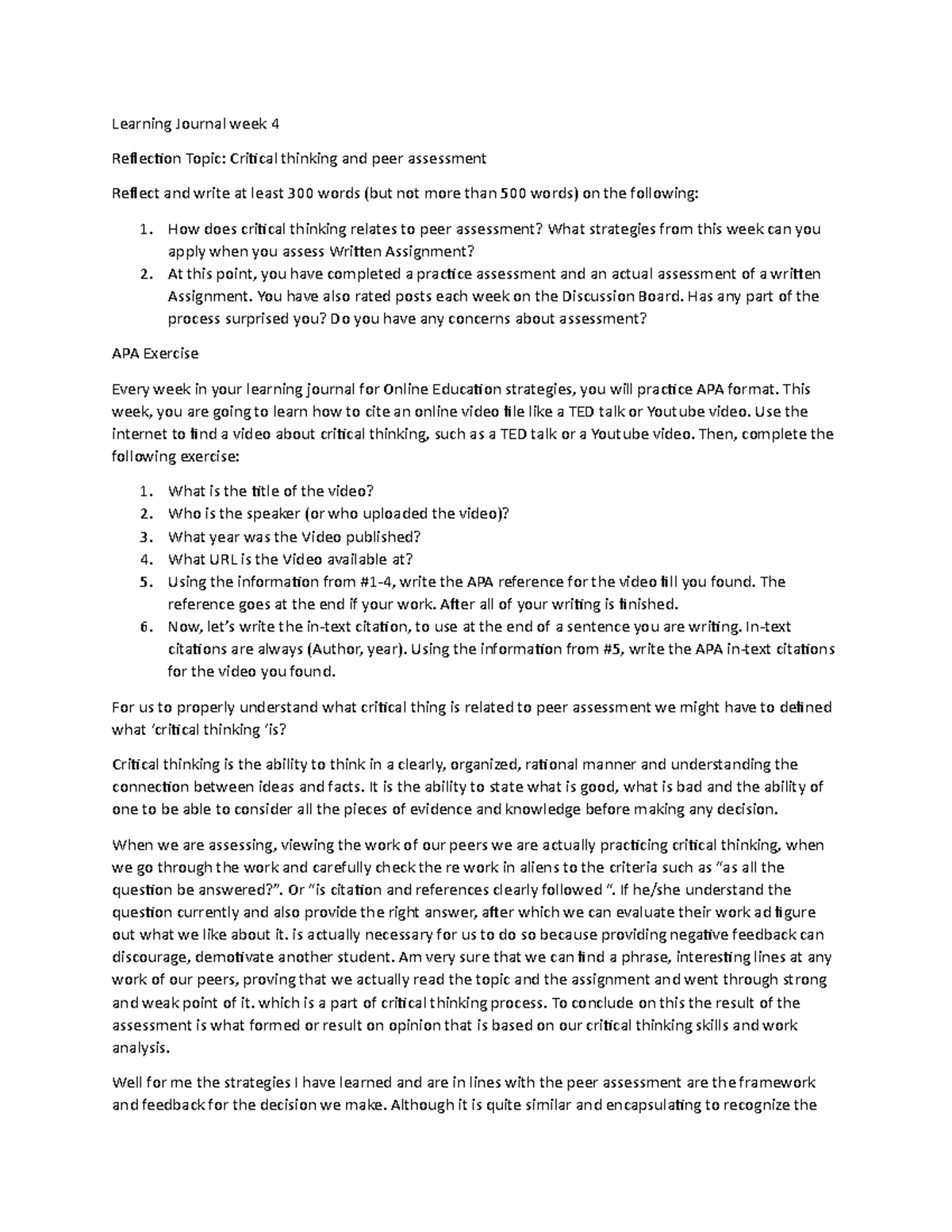 Peer assessment for week four on NVIN 1001 - Learning Journal week 4 ...