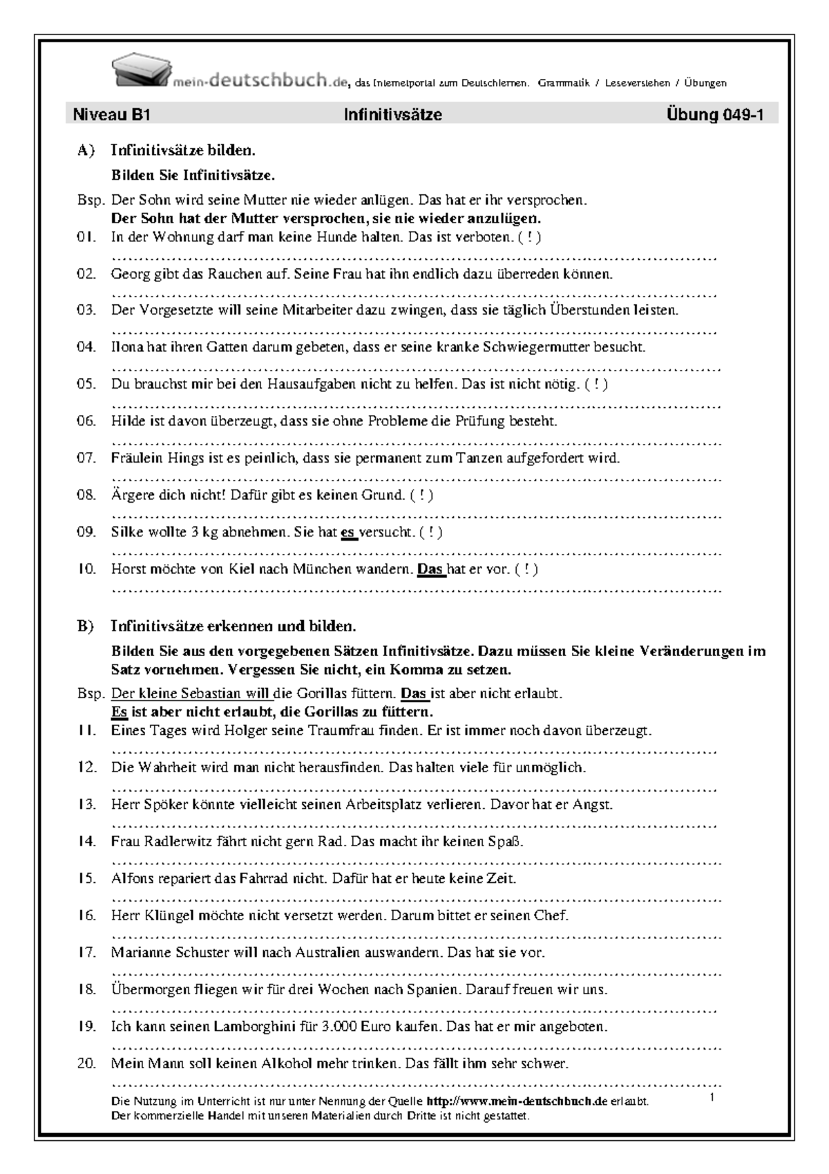 Mein Deutschbuch De Das Internetportal Zum Deutschlernen Infinitivsaetze - , das Internetportal zum Deutschlernen. Grammatik