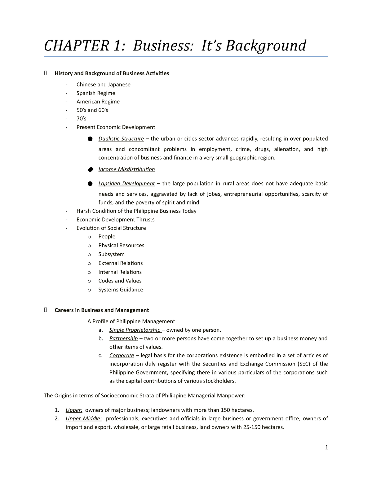 Mngt. 1 - Very Important - CHAPTER 1: Business: It’s Background ...