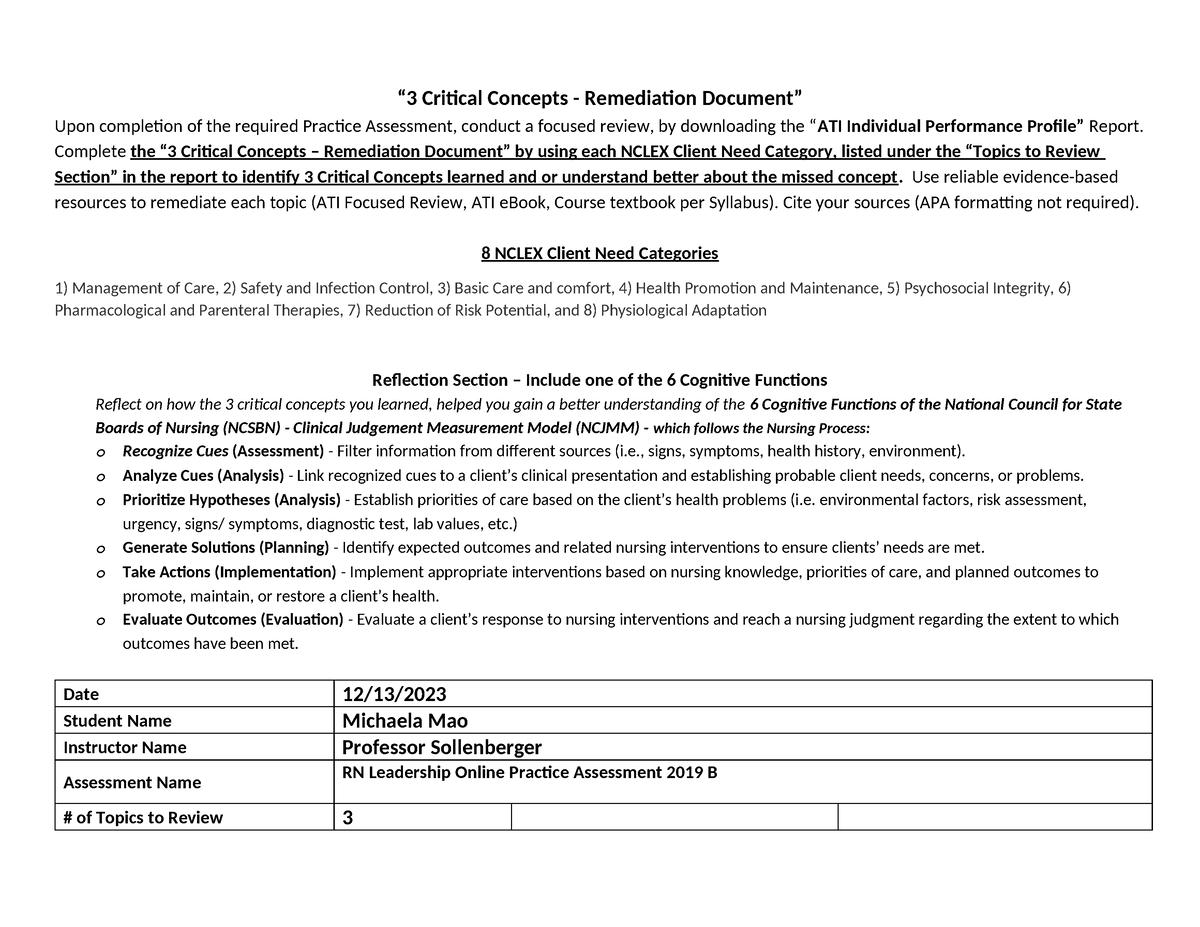 ATI Practice Assessment Leadership B Remediation - Critical Concepts ...