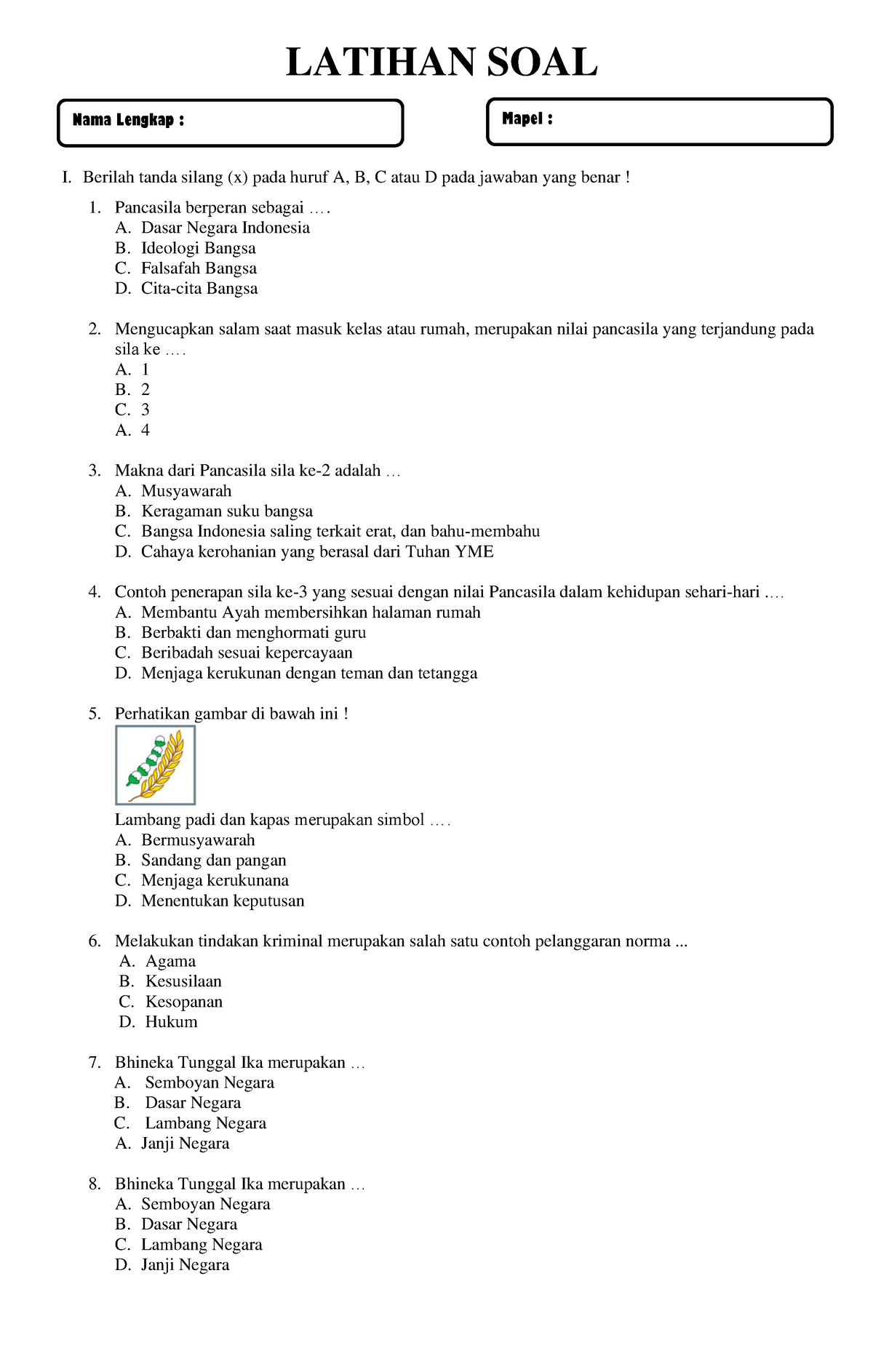 1. Latsol PAS PKN KLAS 4 - .... - I. Berilah Tanda Silang (x) Pada ...