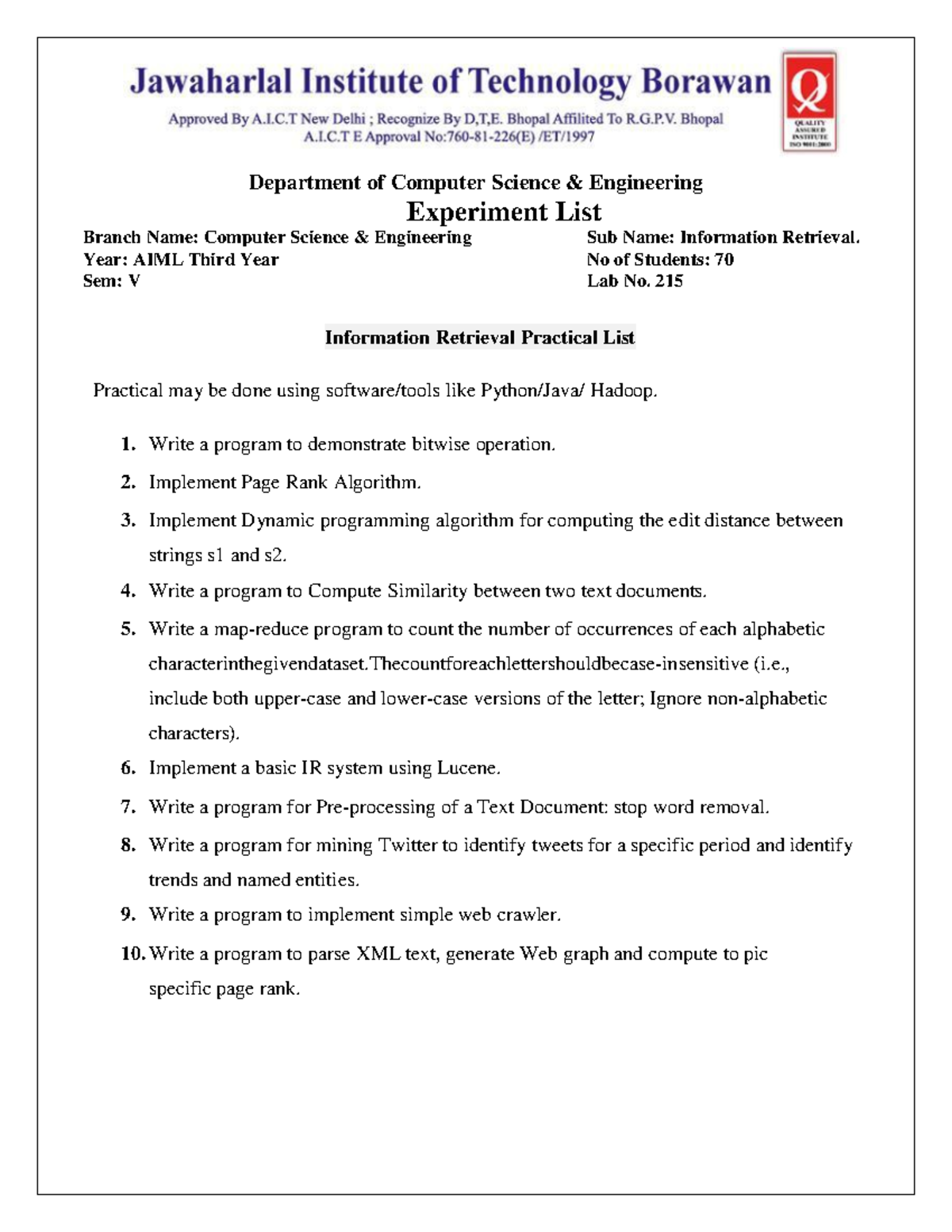 IR Practicals List AL-503 - Department of Computer Science ...