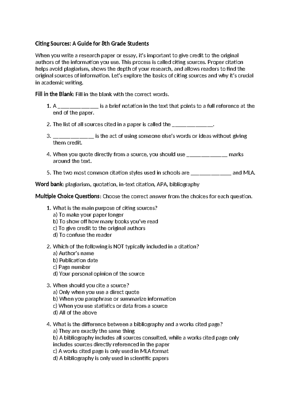 Citing sources mixed 1 - notes - Citing Sources: A Guide for 8th Grade ...