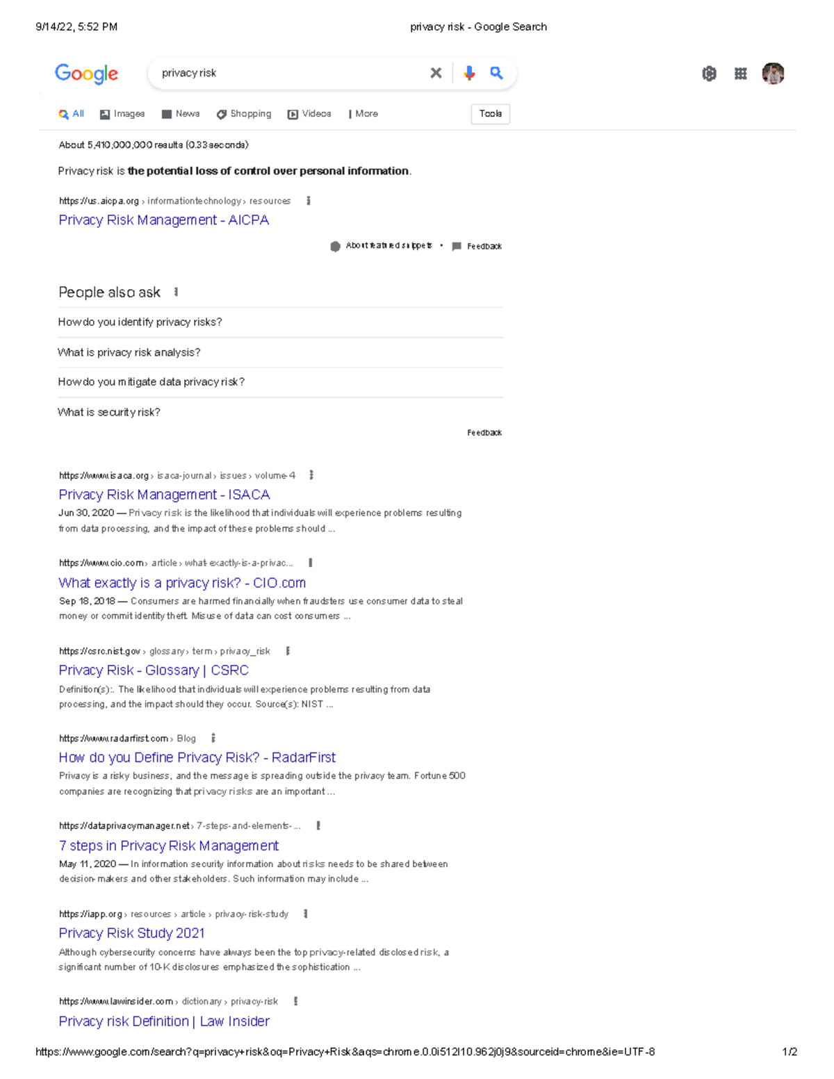 Privacy risk - Google Search - 9/14/22, 5:52 PM privacy risk - Google