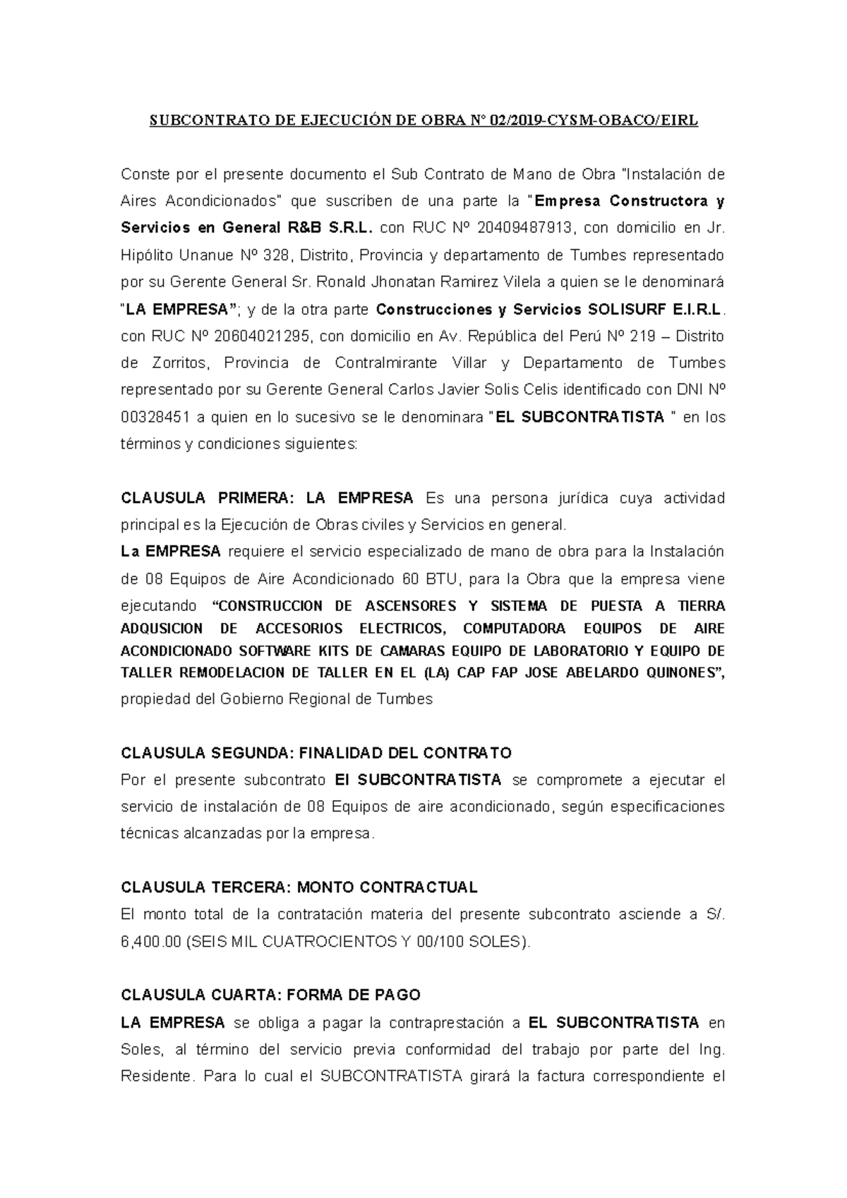 Modelo DE Subcontrato DE OBRA 2022 - SUBCONTRATO DE EJECUCIÓN DE OBRA ...