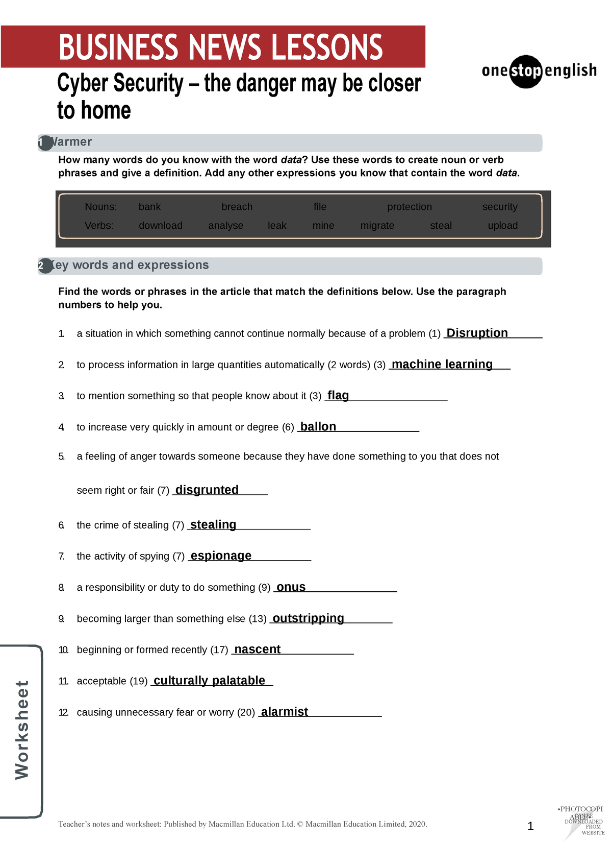 Cyber Security Intermediate Worksheet - 1 Warmer 2 Key Words And ...