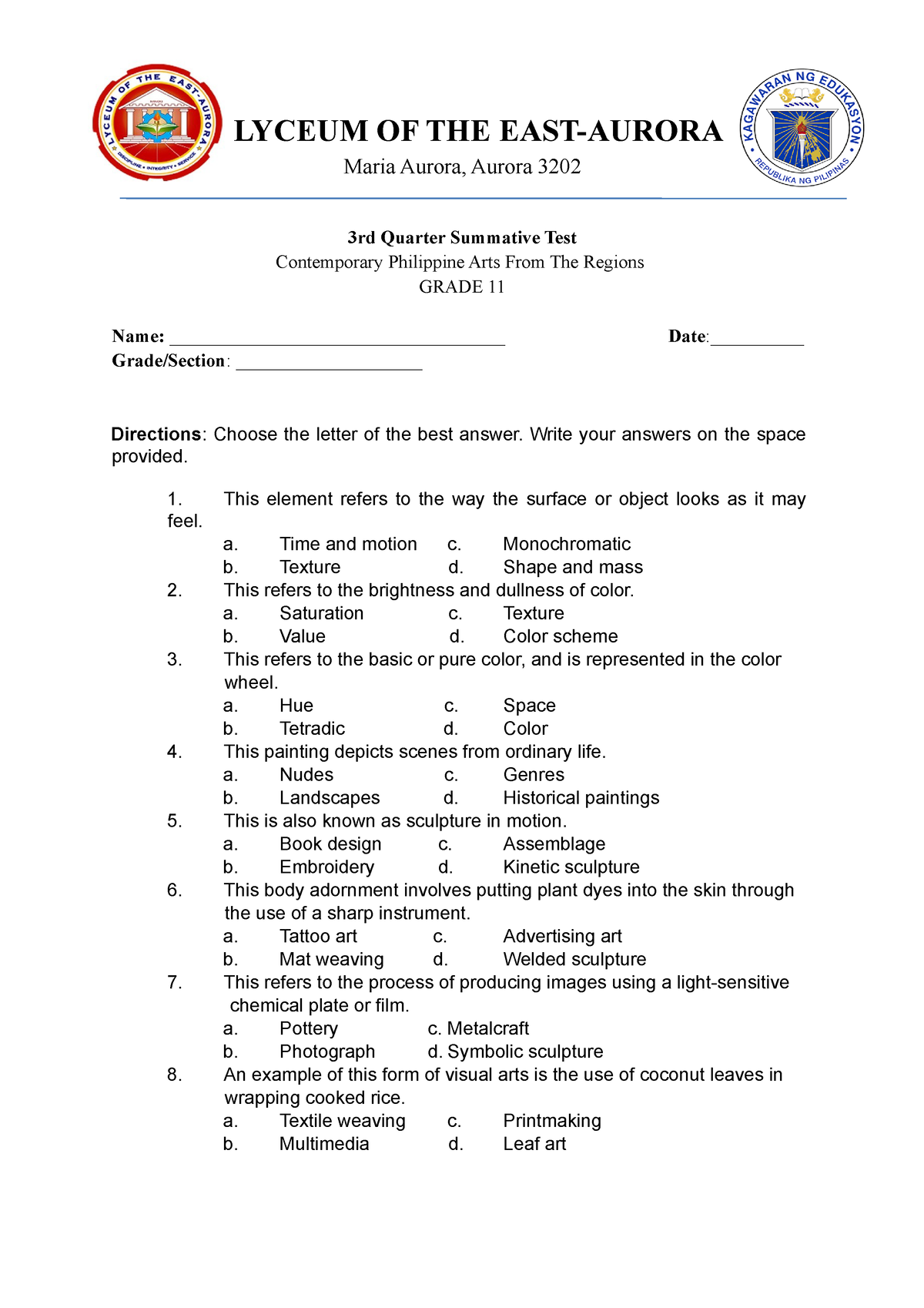 3rd Quarter Contemporary Summative Test Lyceum Of The East Aurora Maria Aurora Aurora 3202 8289