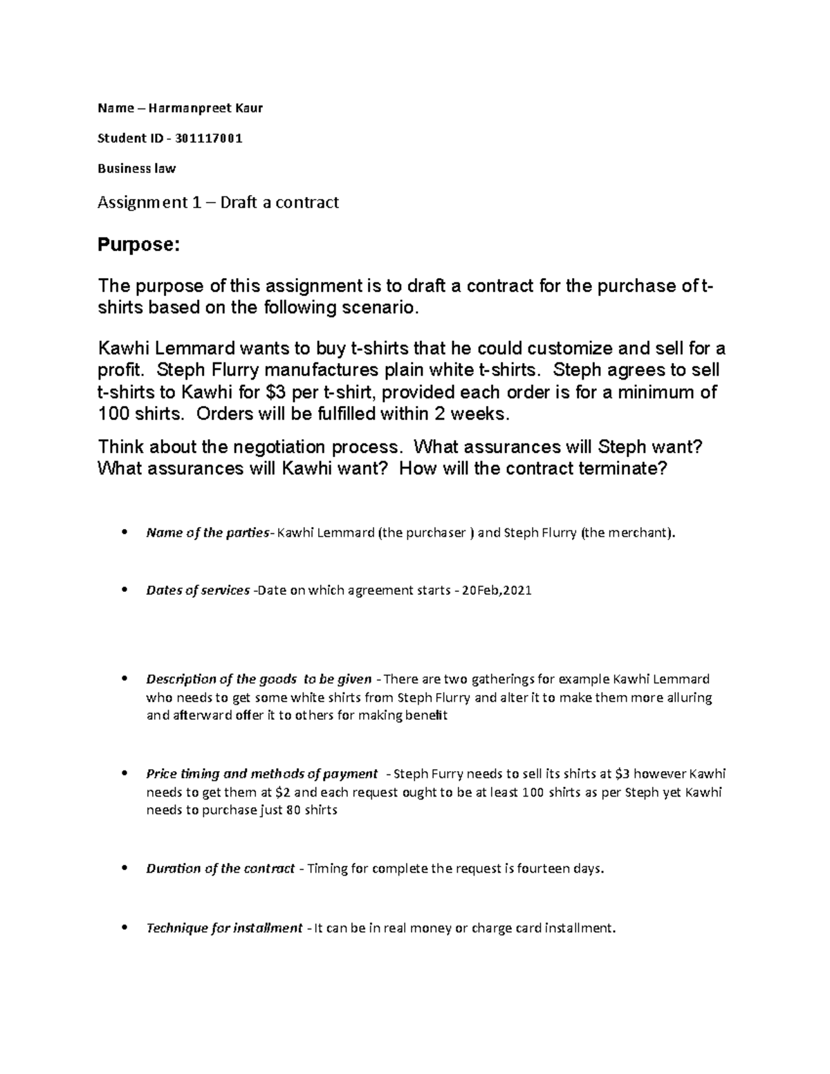 Final draft a contract buiness man Name Harmanpreet Kaur Student