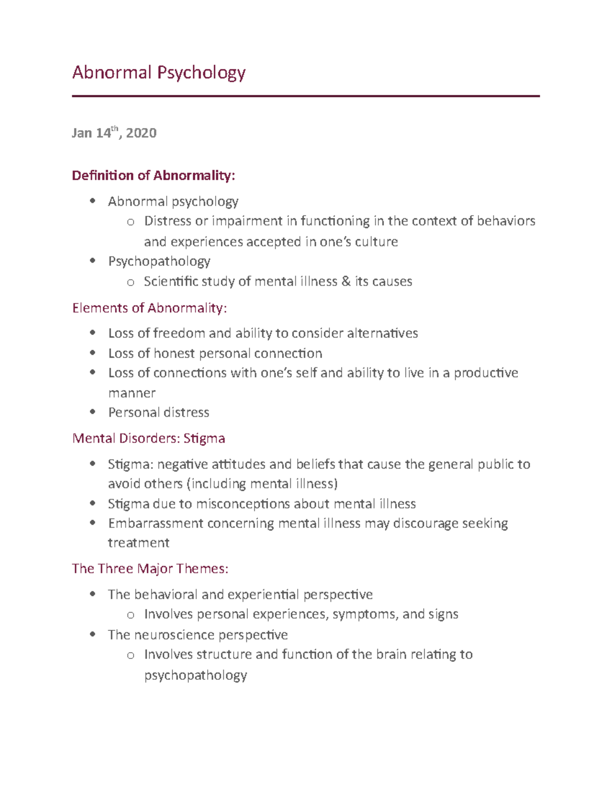 Abnormal Psych - Lecture notes 1-3 - Abnormal Psychology Jan 14th, 2020 ...