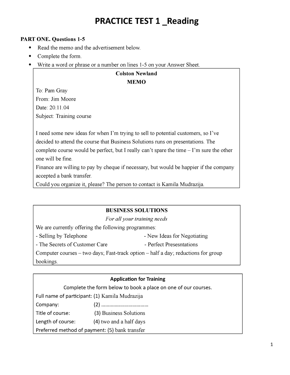 BEC Sample TEST Reading - PRACTICE TEST 1 _Reading PART ONE. Questions ...