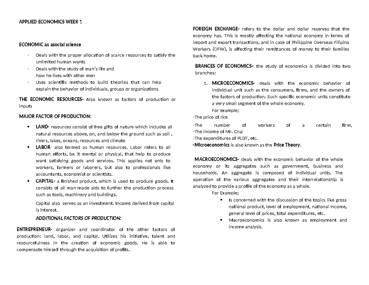 Applied Economics WEEK 1 - APPLIED ECONOMICS WEEK 1 ECONOMIC as asocial ...