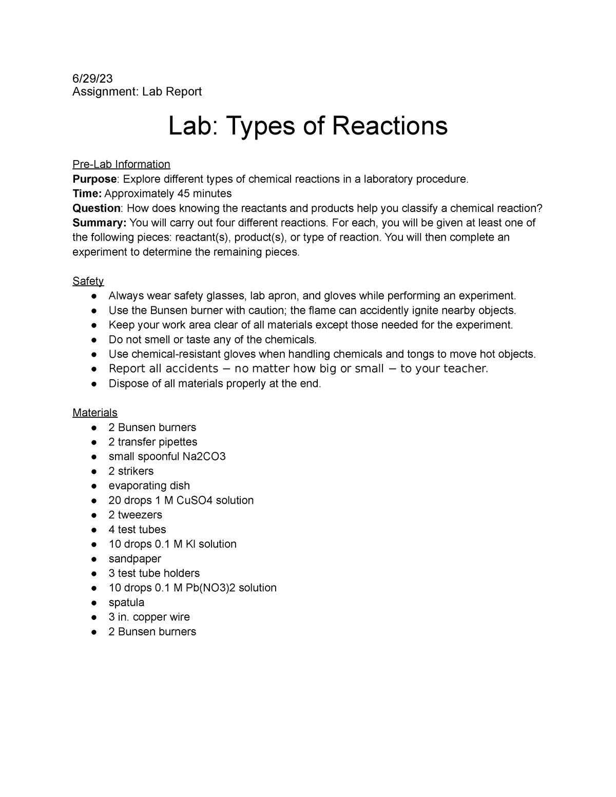 lab types of reactions assignment lab report
