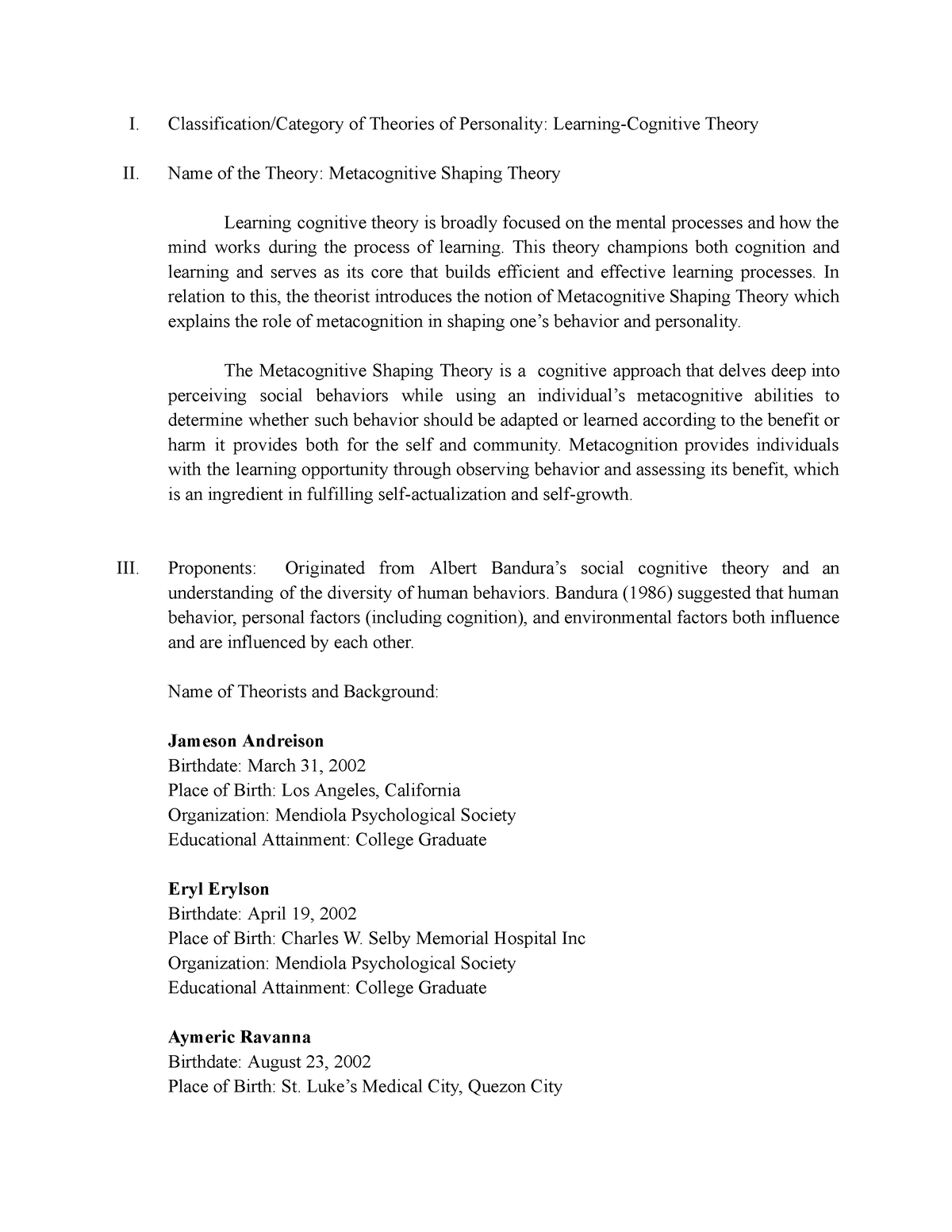 TOP - Metacognitive Shaping - I. Classification/Category of Theories of ...