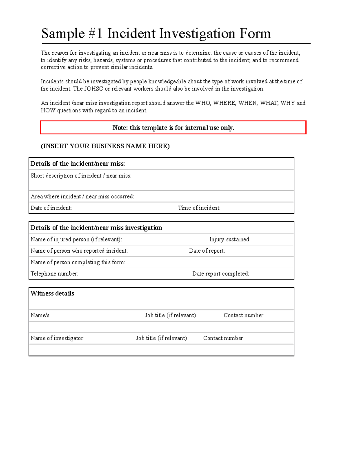 Sample Incident Investigation Forms - Sample #1 Incident Investigation ...