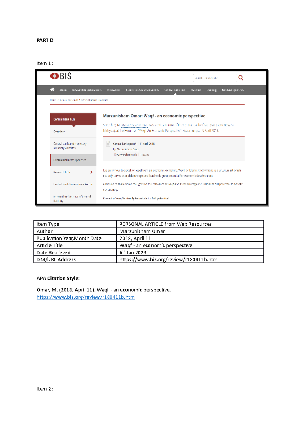 PART D - LITERATION INFORMATION - PART D Item 1: Item Type PERSONAL ...