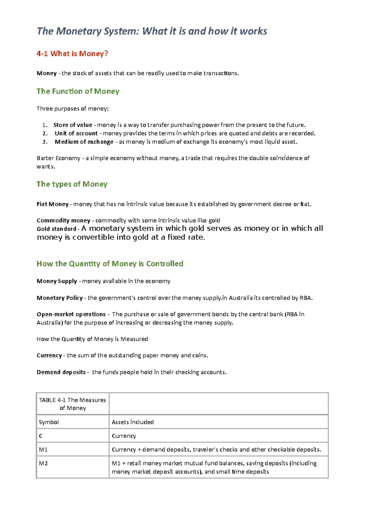 The Monetary System - week 2 summary - The Monetary System: What it is ...
