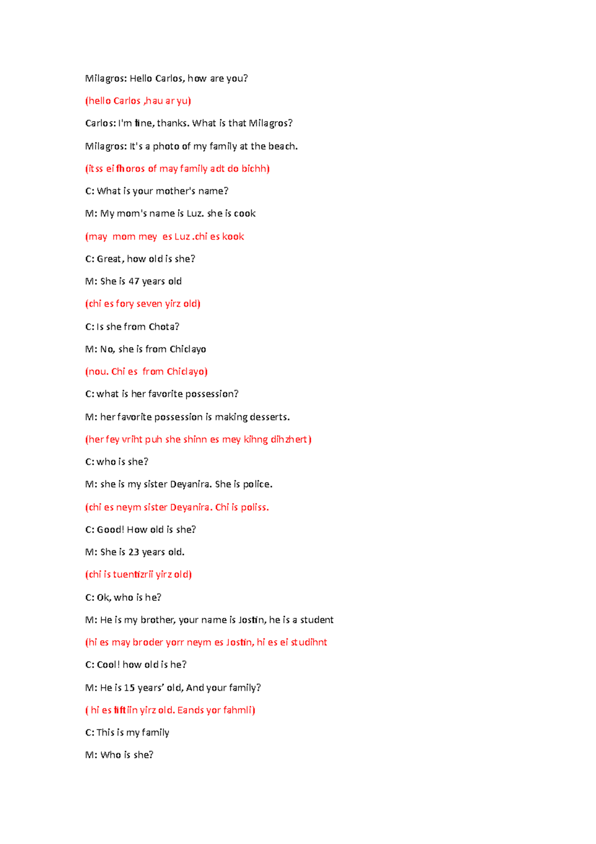 Dialogo semana 3 - Milagros: Hello Carlos, how are you? (hello Carlos ...