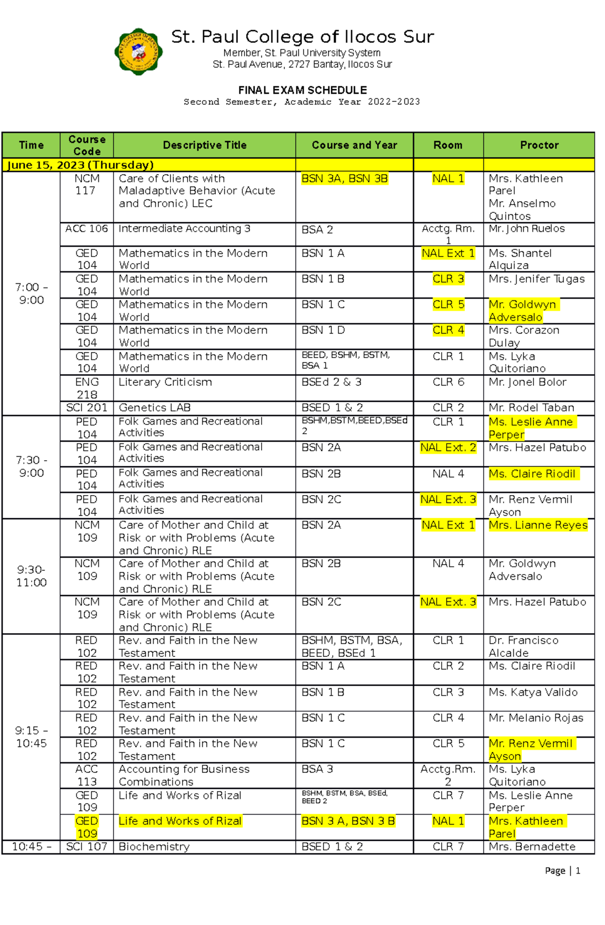 2nd Semester Finals EXAM Schedule June 14 corrected - Member, St. Paul ...