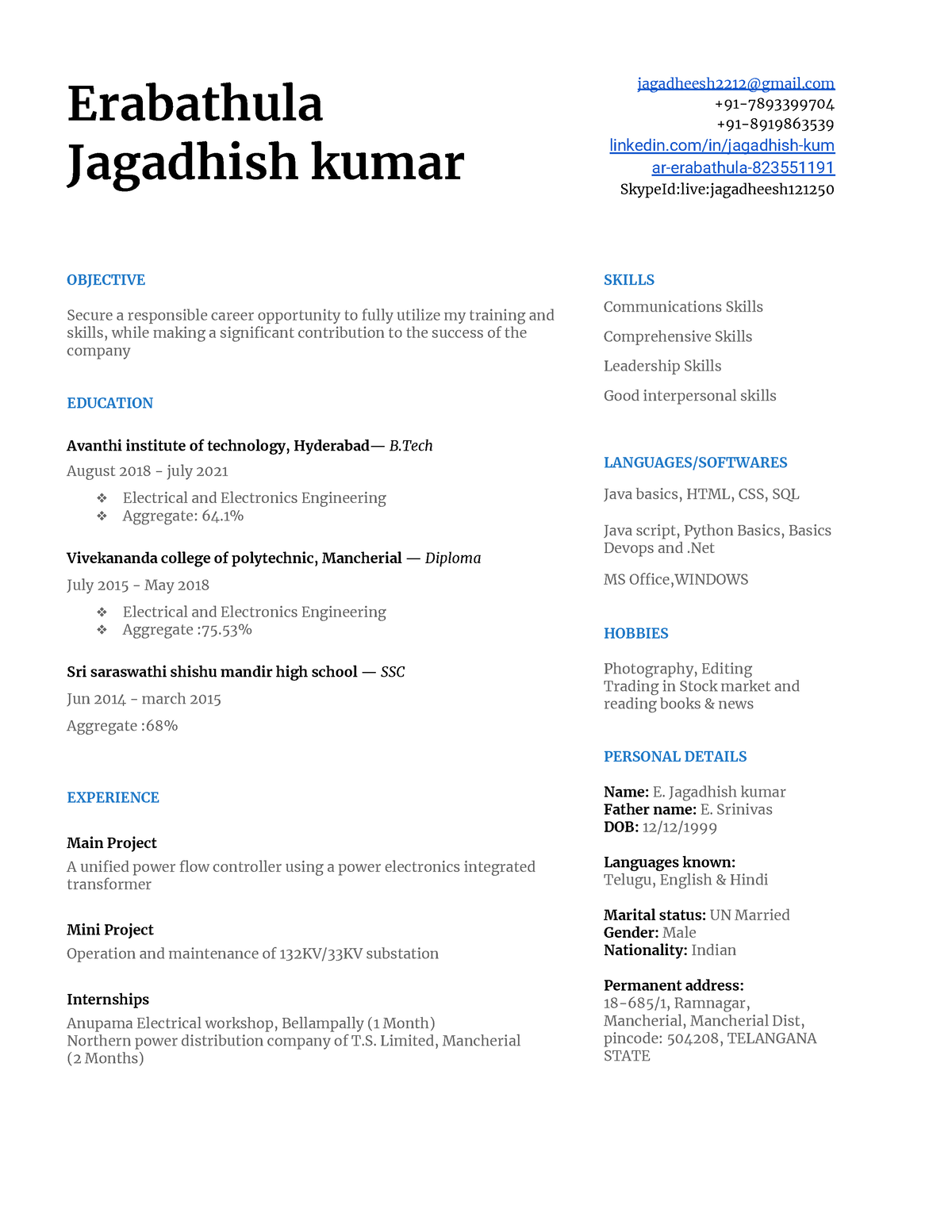 Resume JK - dngnxsgf - Erabathula Jagadhish kumar jagadheesh2212@gmail ...