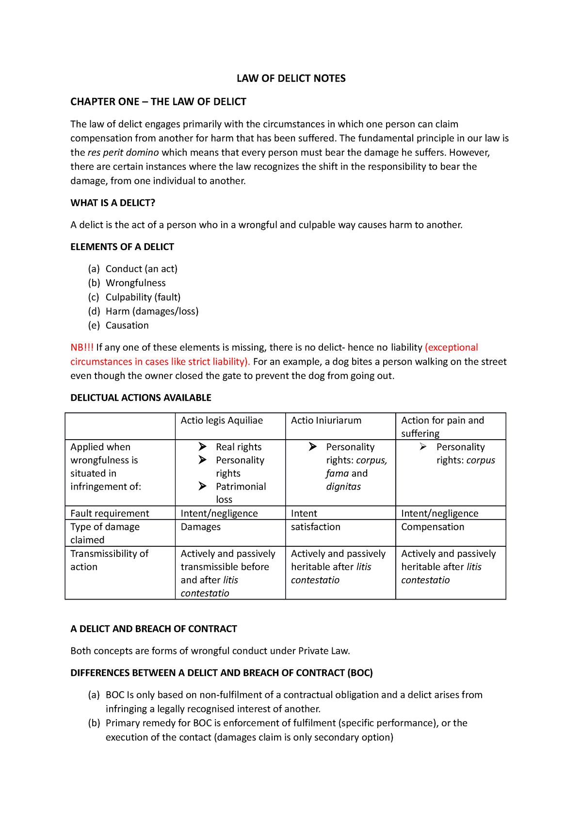 Law Of Delict Notes CHAPTER 1 - LAW OF DELICT NOTES CHAPTER ONE – THE ...