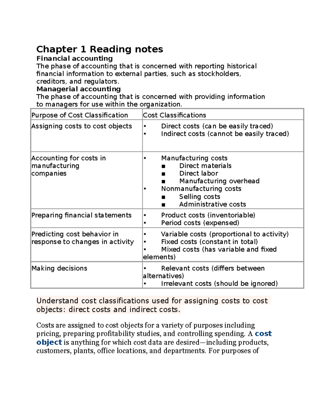 COST ACCOUNTING 3200 Chapter 1 Reading notes Chapter 1 Reading notes