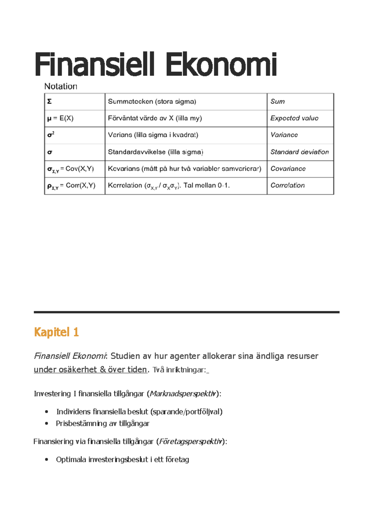 Finansiell Ekonomi - Sammanfattning - NEKA12 - StuDocu