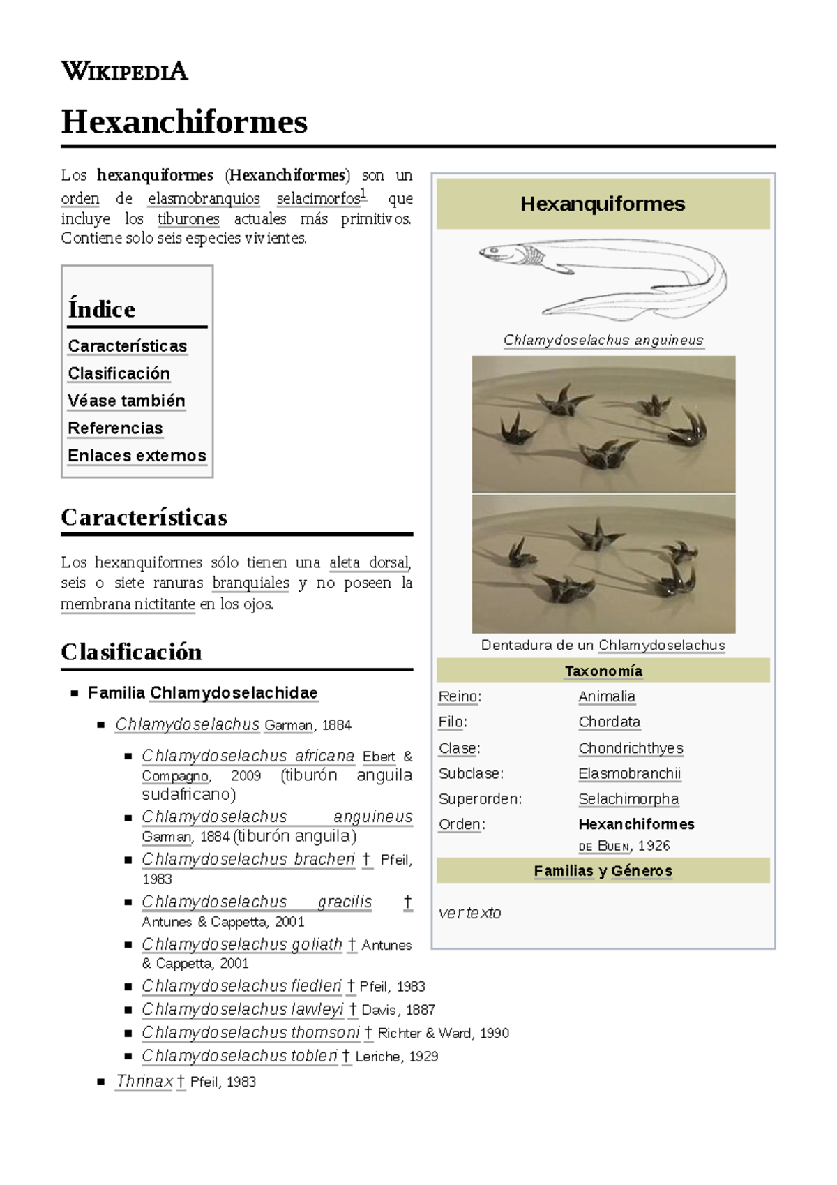 Hexanchiformes peses Hexanquiformes Chlamydoselachus anguineus