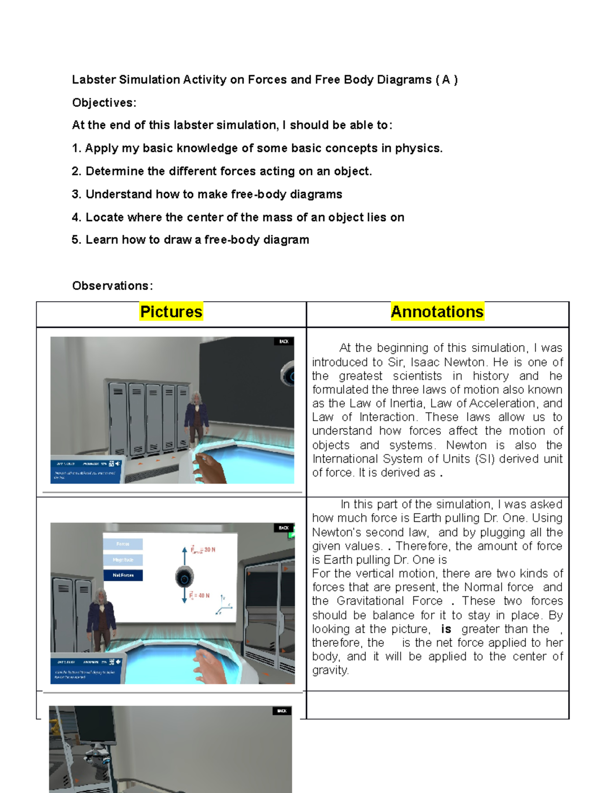 CE12S3 Forces AND FREE BODY Diagrams Maramag Labster Simulation