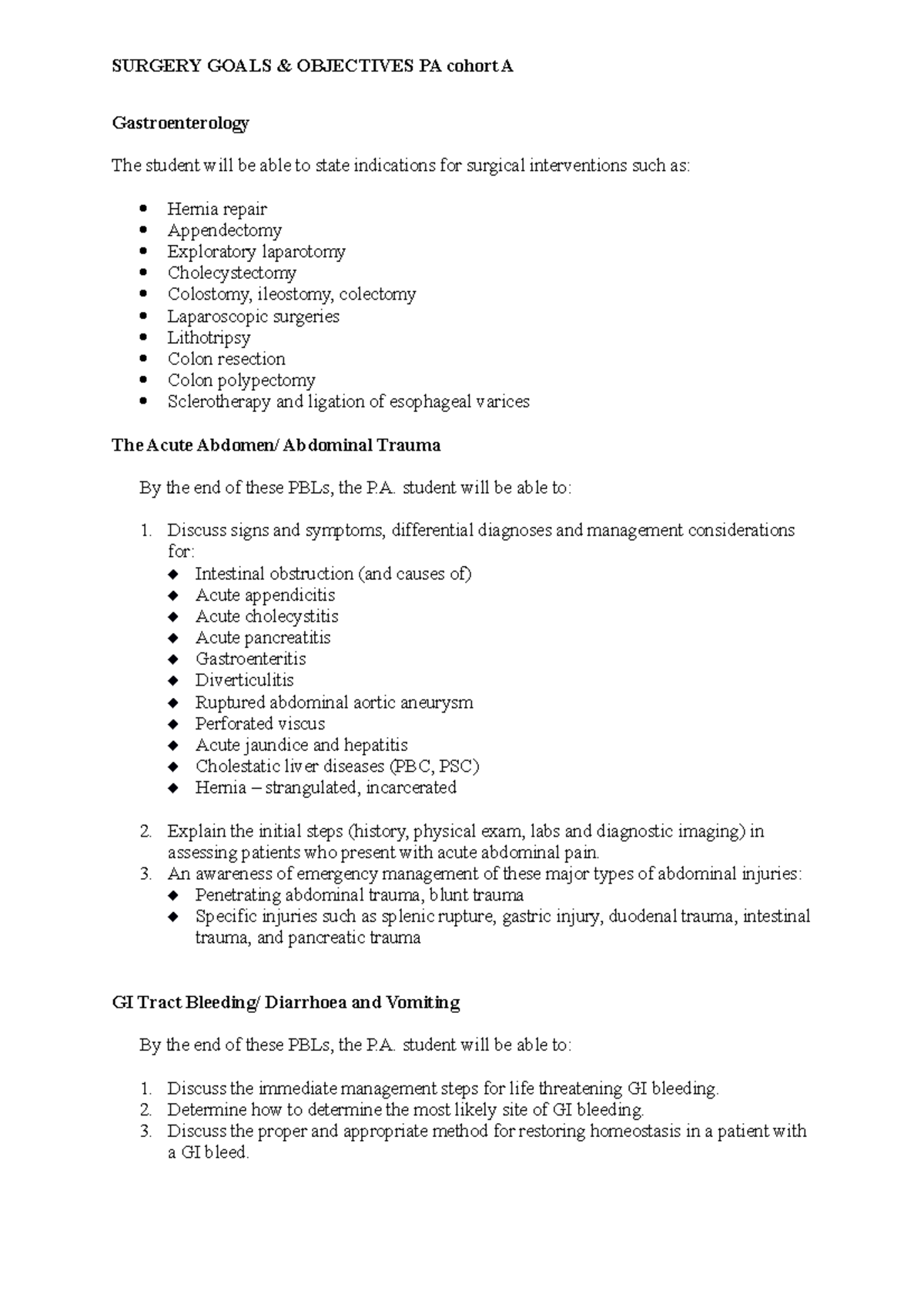 Rough guide to surgical objectives1 SURGERY GOALS & OBJECTIVES PA