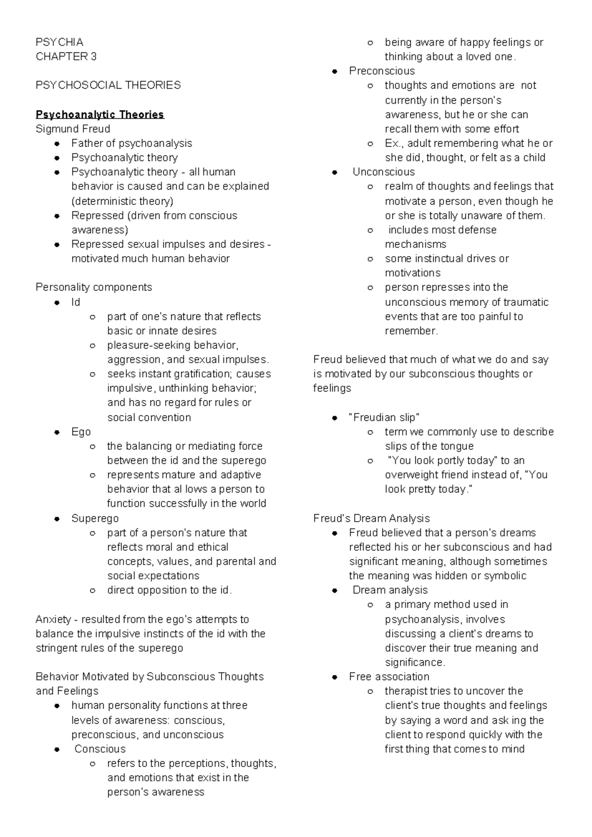 Psychia Chap 3 - PSYCHIA CHAPTER 3 PSYCHOSOCIAL THEORIES Psychoanalytic ...