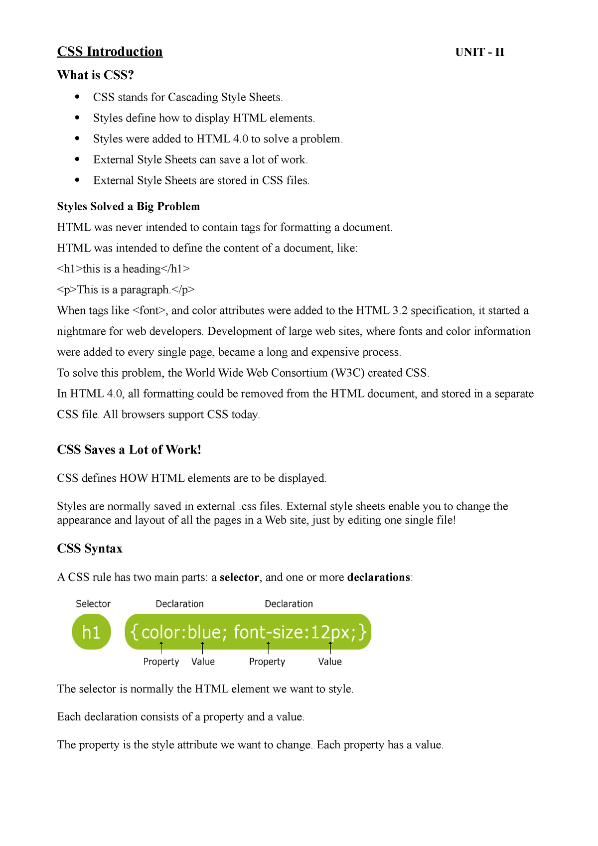 UNIT 2 - Unit 2 - CSS Introduction UNIT - II What Is CSS? CSS Stands ...