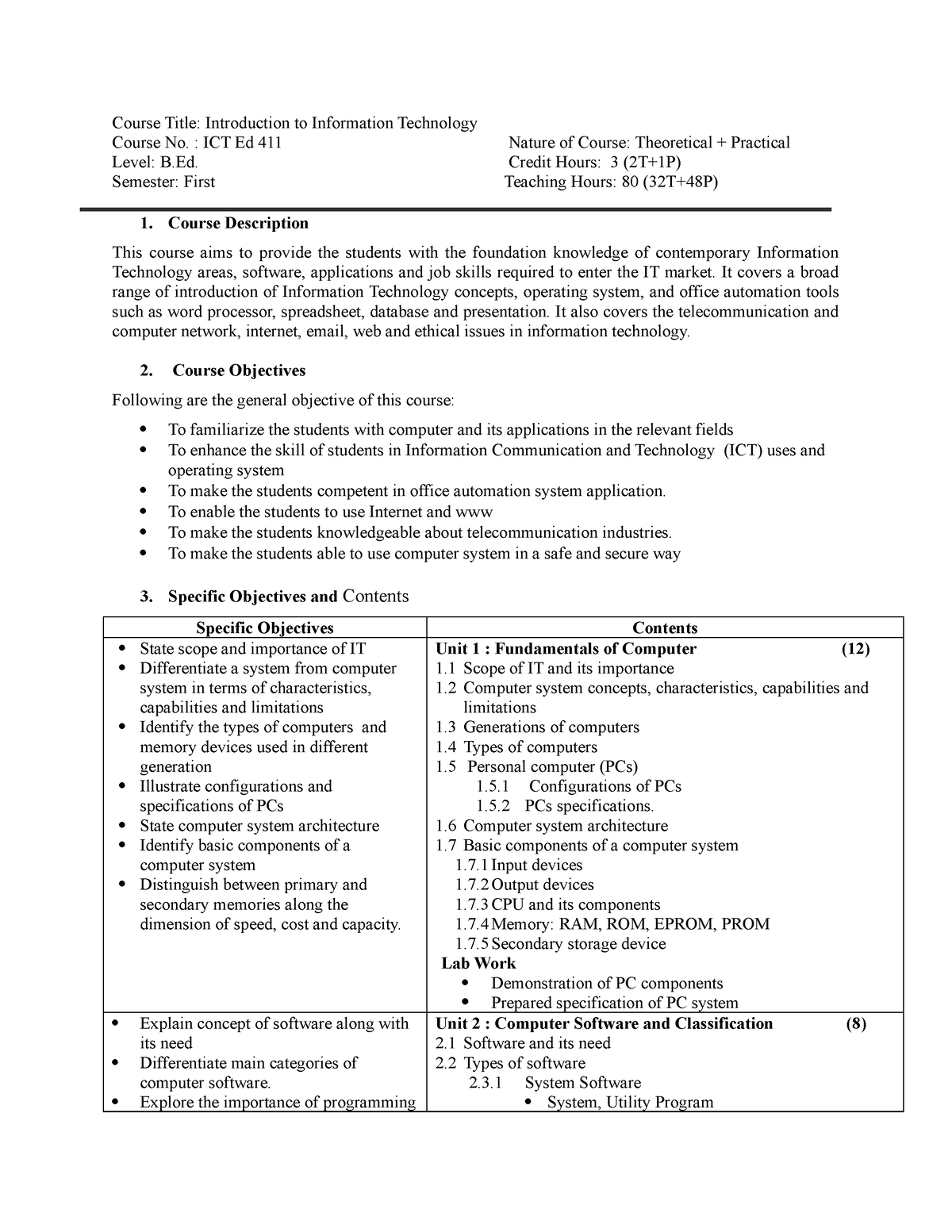 1st Sem Syllabus [ICT 415 Intro To Info Tech] - Course Title ...