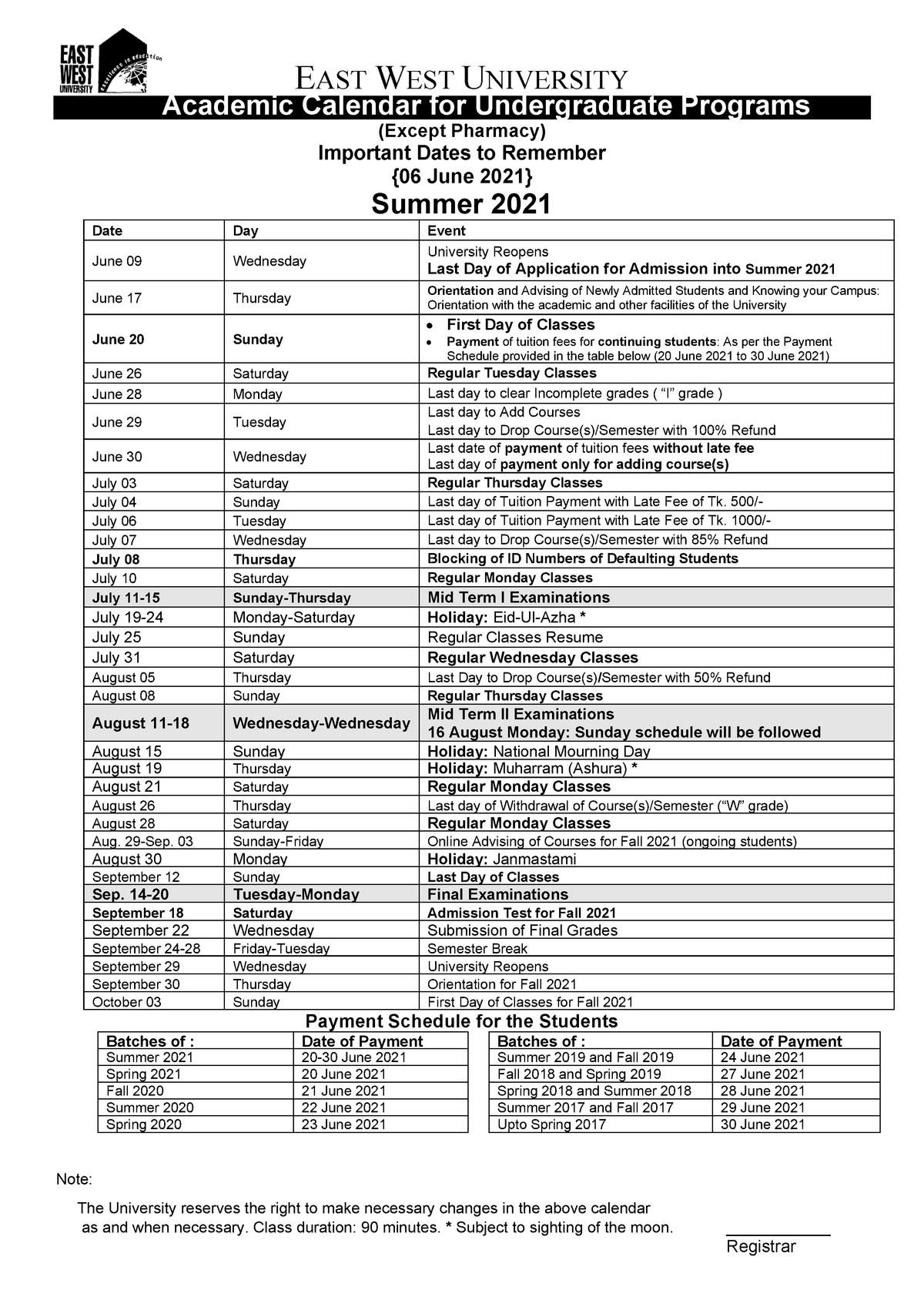 Study calendar 2021 EAST WEST UNIVERSITY Note The University