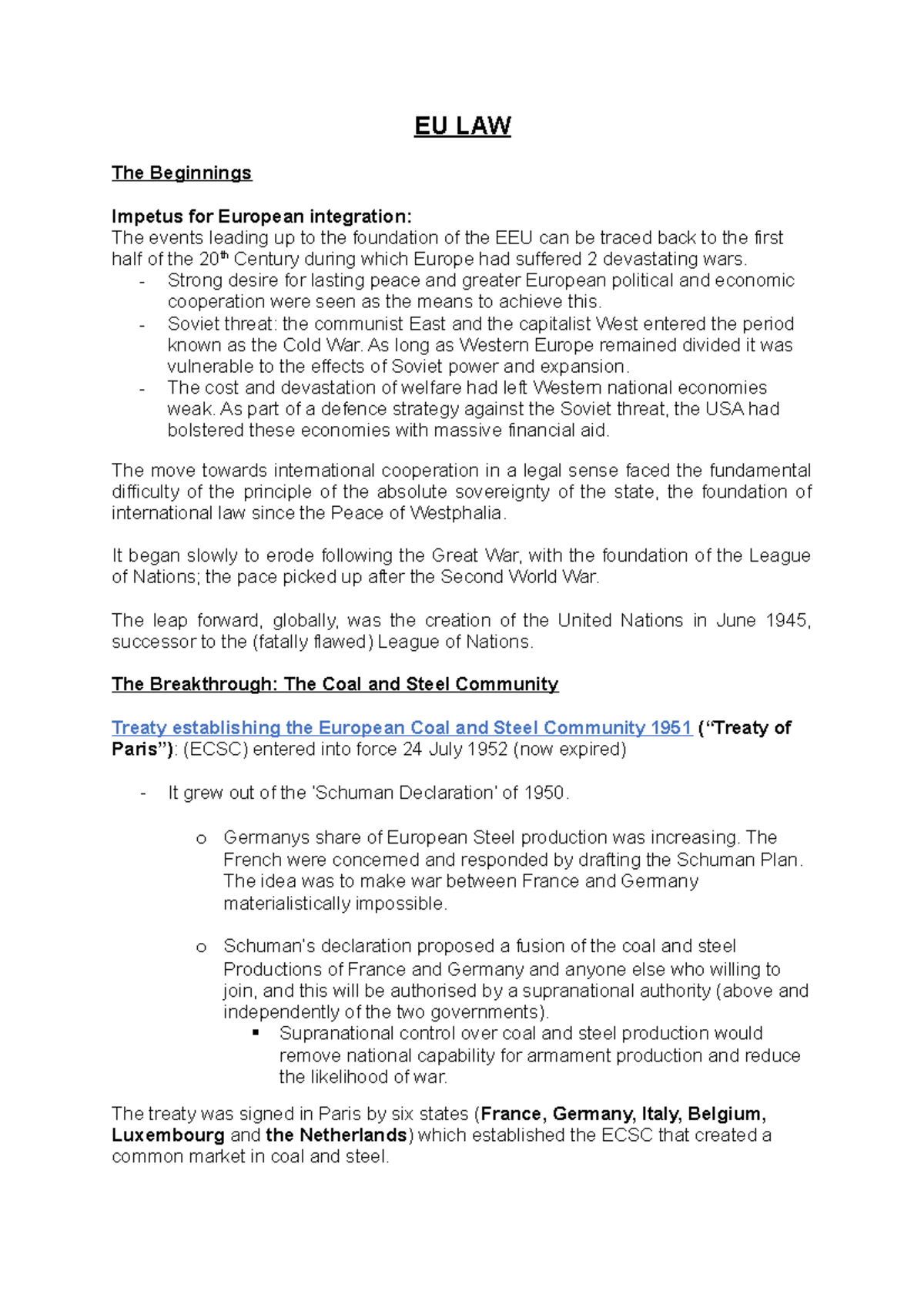 EU LAW Course Notes - EU LAW The Beginnings Impetus for European ...