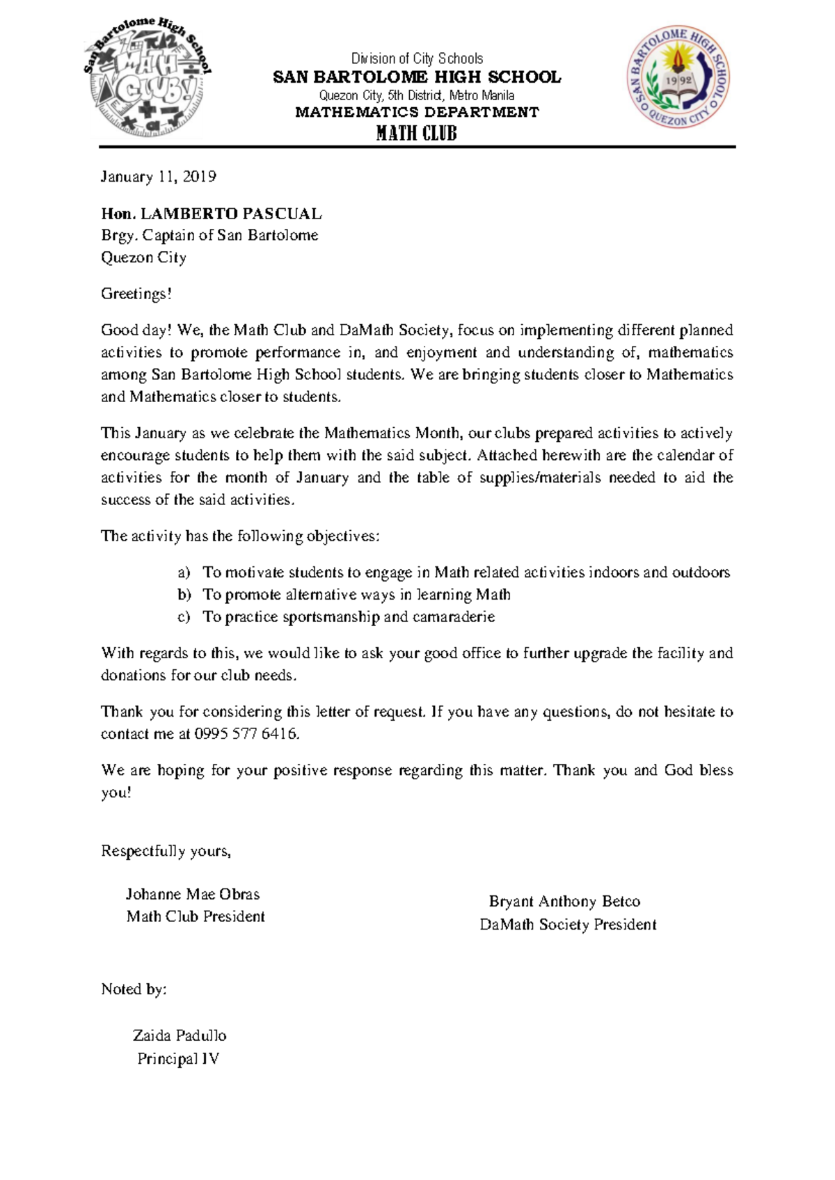 419214745 Math Club Letter - Division Of City Schools San Bartolome 