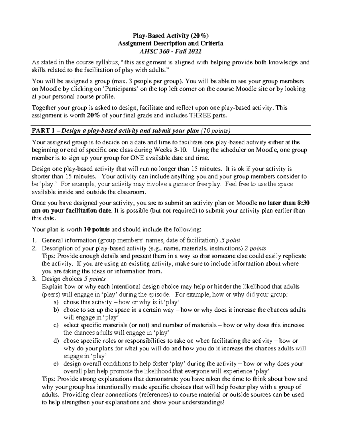 play activity assignment childcare