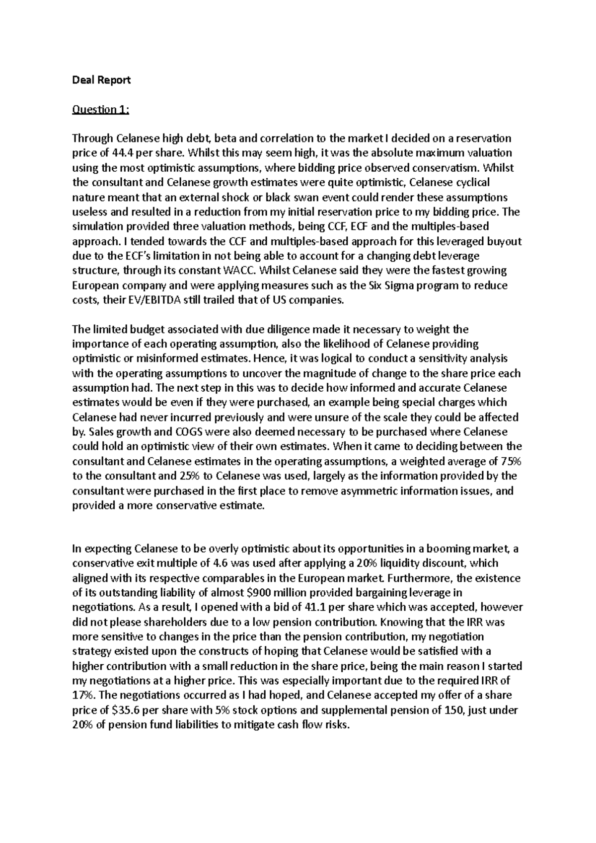 Simulation report - Deal Report Question 1: Through Celanese high debt ...