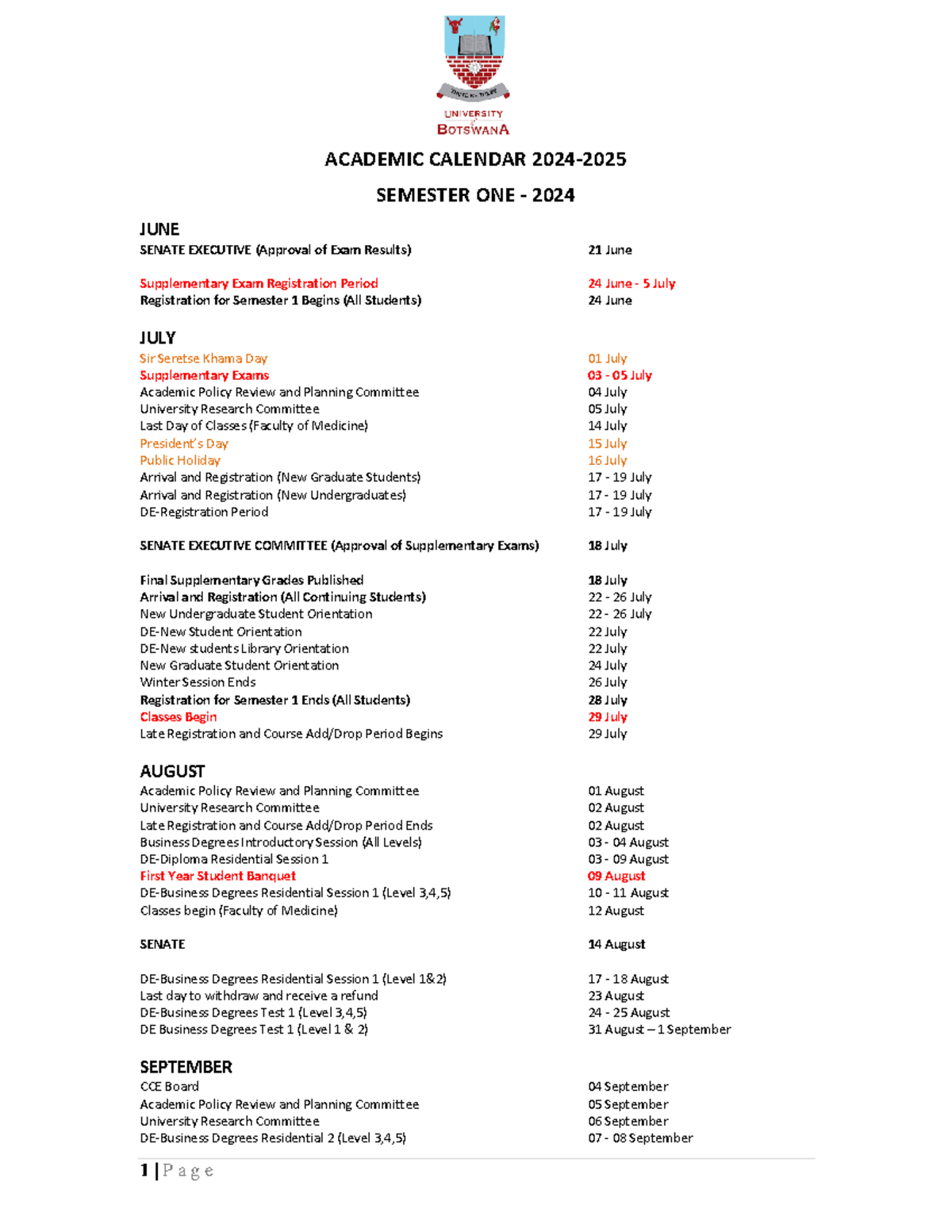Almanac for University of Botswana 2024 2025 - ACADEMIC CALENDAR 2024