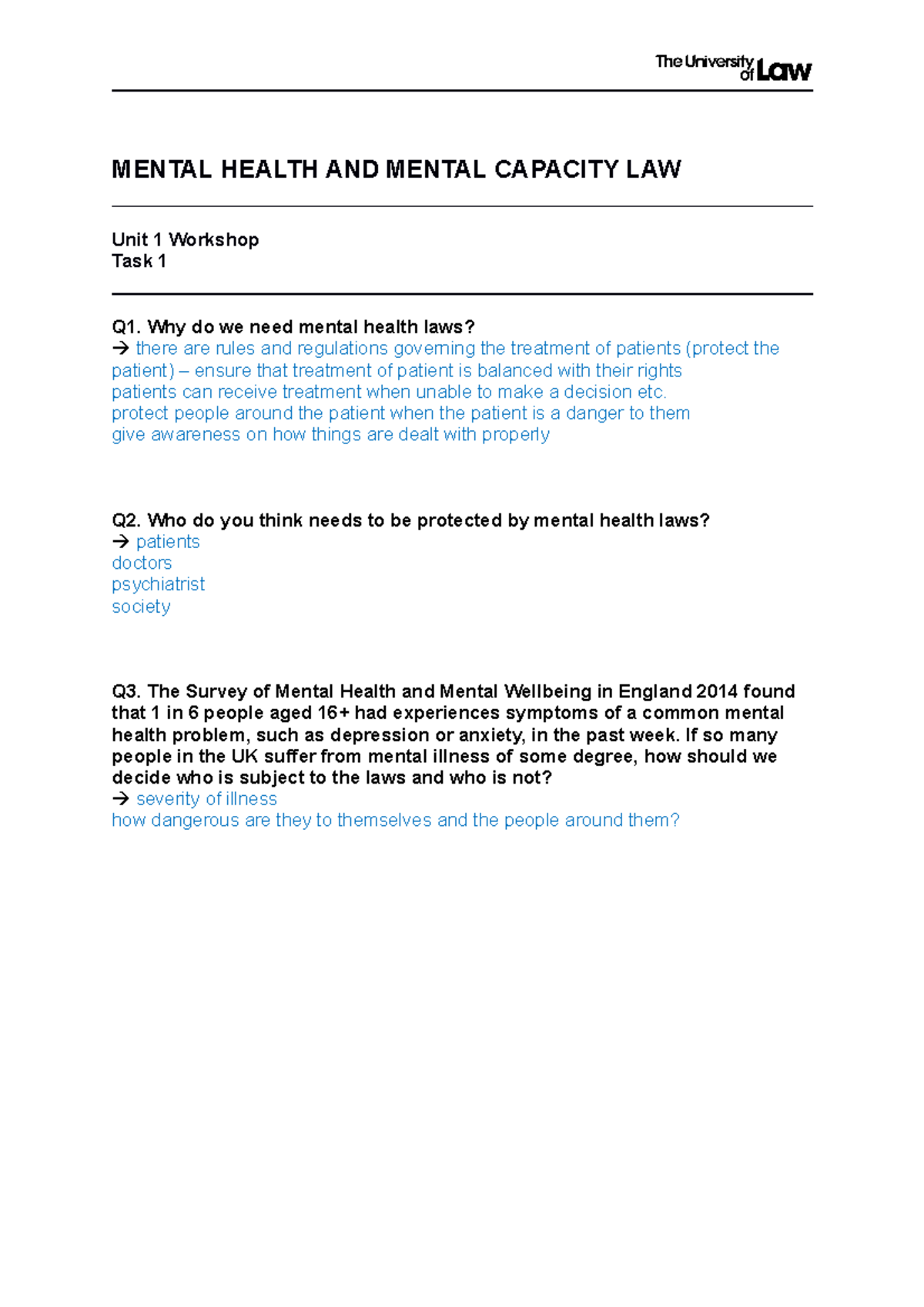 Unit 1 Workshop Tasks - MENTAL HEALTH AND MENTAL CAPACITY LAW Unit 1 ...