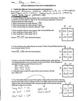 Human Genetics Practice WS incomplete, codominant, sex linked Answer KEY -  BIOL023 HM - Studocu