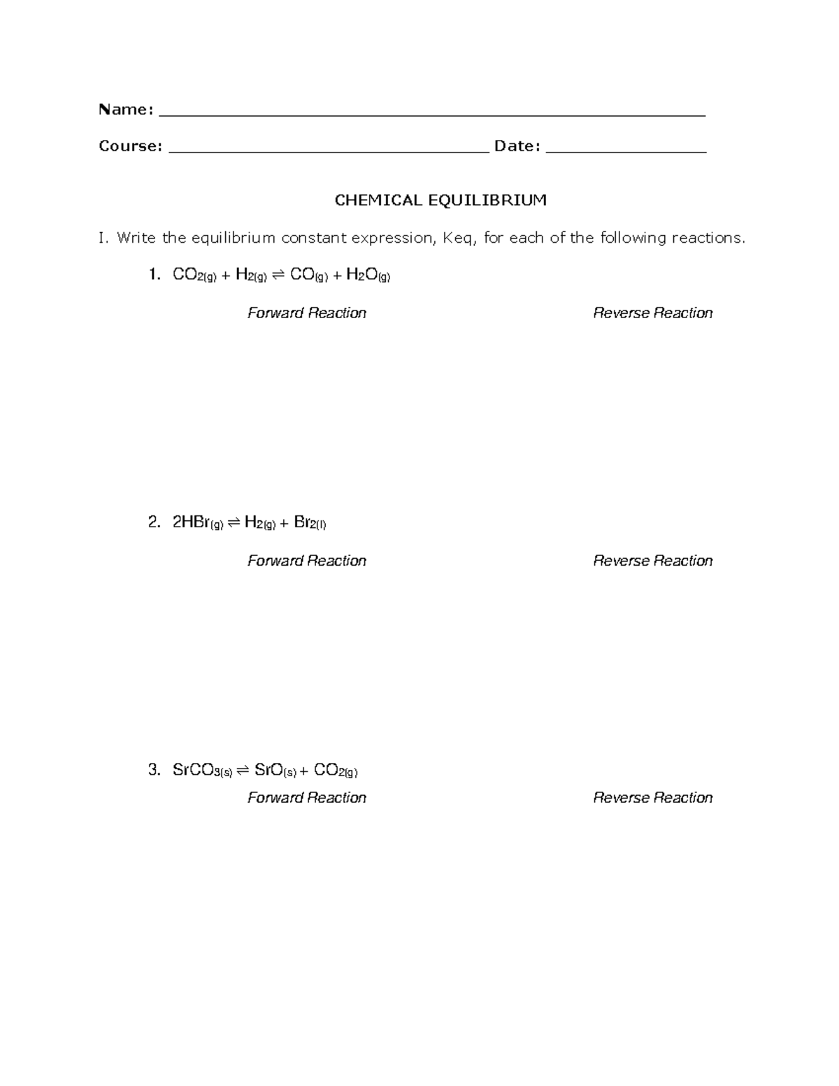 Problems on Chemical Equilibrium - Name