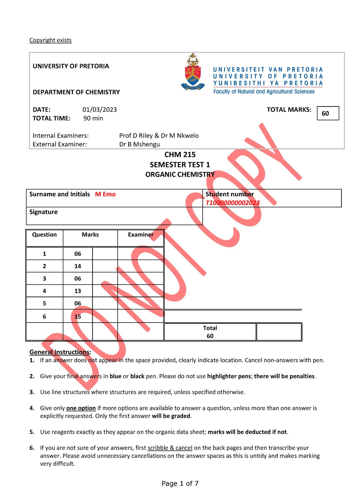 CHM 215 Semester Test 1 Memo Clickup (2023) - Copyright Exists ...