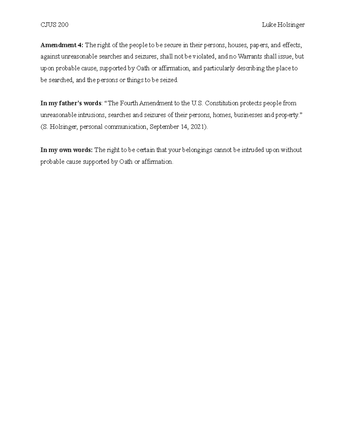 Amendment 4 - assignment - CJUS 200 Luke Holsinger Amendment 4: The ...