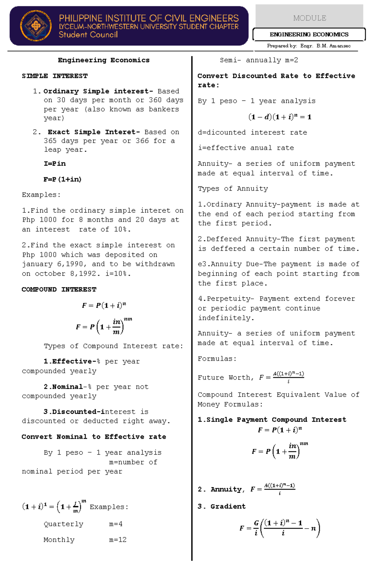 Engineering Economics Module Engineering Economics Prepared By Engr B Amansec Engineering Engineering Economics Module Engineering Economics Prepared By Engr B Amansec Engineering