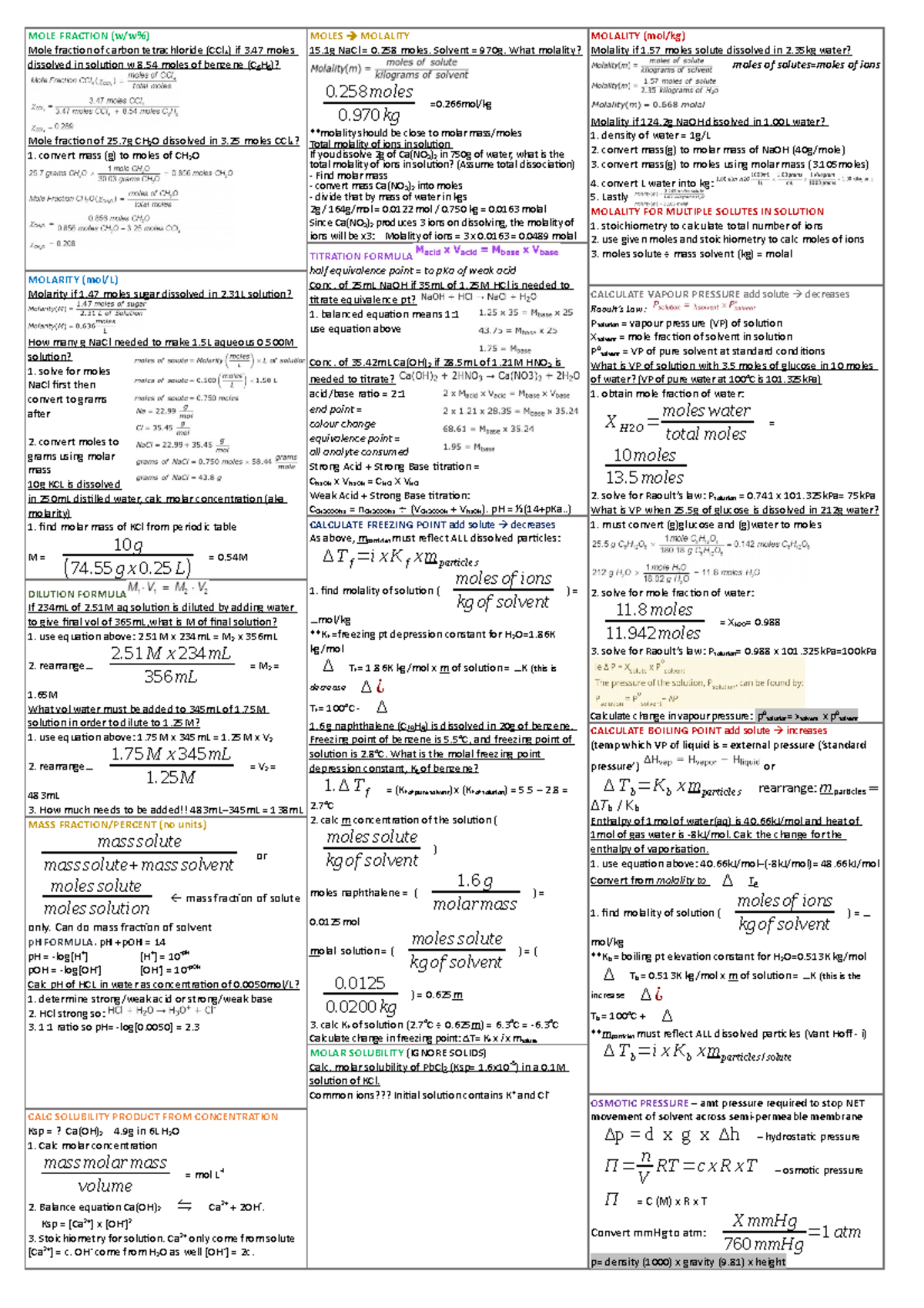 Che144 cheat sheet - MOLE FRACTION (w/w%) Mole fracion of carbon ...