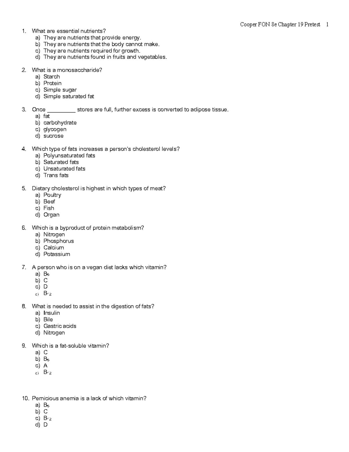 Nutrition - Pretest - Cooper FON 8e Chapter 19 Pretest 1 What Are ...