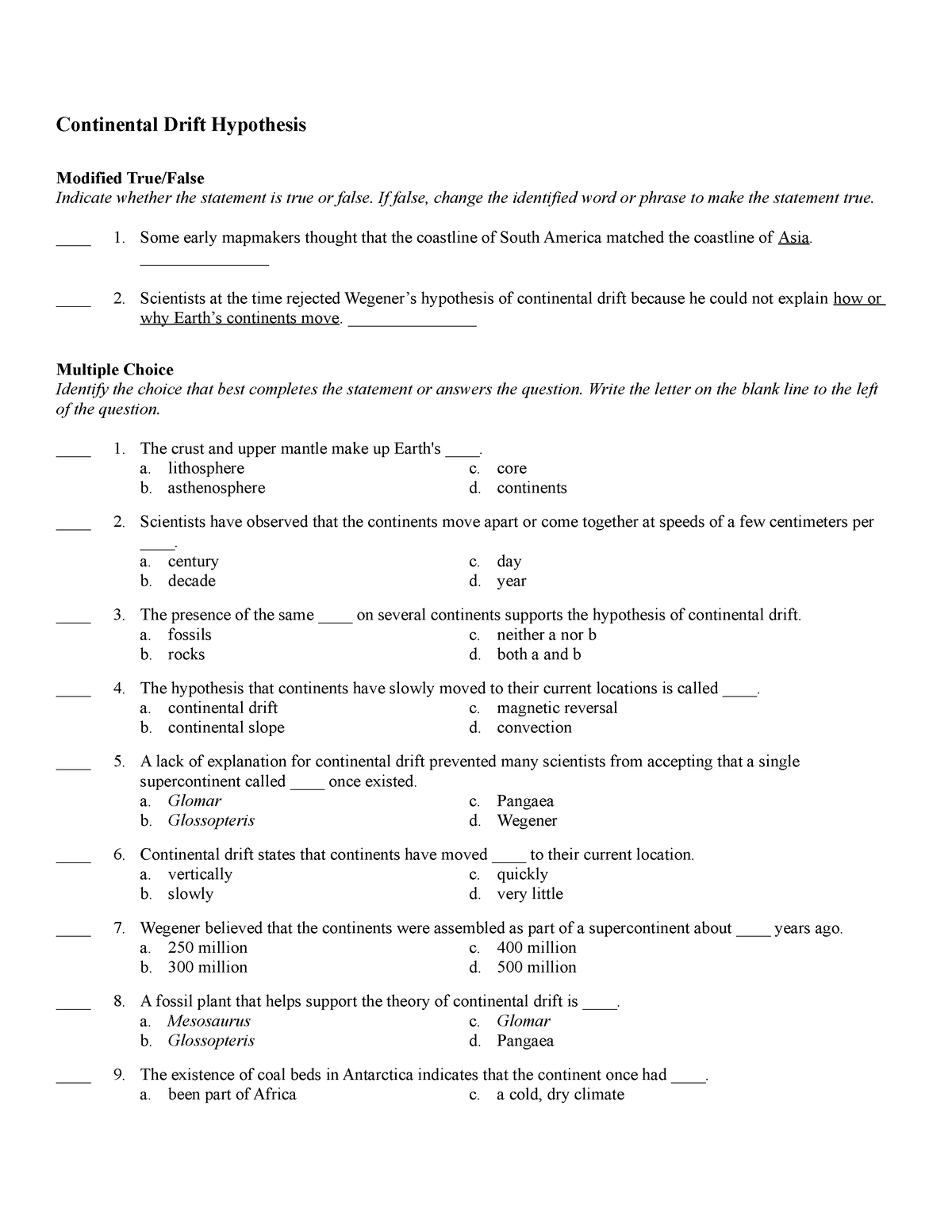 test-continental-drift-hypothesis-7-1-continental-drift-hypothesis